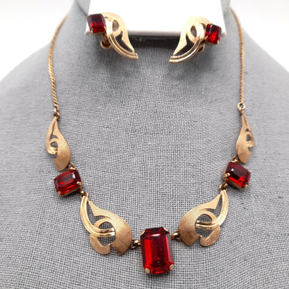 Van Dell Red Rhinestone Necklace Earrings Set, 12K GF, Screw Back Earrings, 1940s Vintage Jewelry