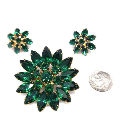 Emerald Green Rhinestone Floral Brooch & Earrings, Gold Plated, 1960s Vintage Jewelry