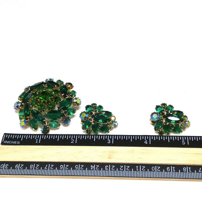 Vintage Weiss Emerald Green Brooch & Earrings, Aurora Borealis, Gold Plated