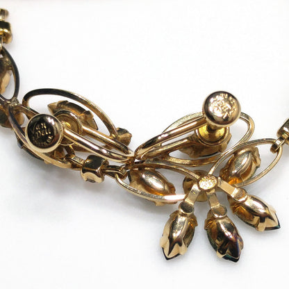Van Dell Green Clear Rhinestone Necklace Earrings Set, 12K Gold Filled, 1940s Vintage Jewelry