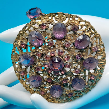Vintage 1930s Purple Glass Brooch Pendant, Pot Metal, 3 1/2 Inches