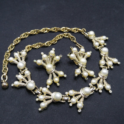 Kramer Faux Pearl Necklace Clip Earrings Set, 1960s Vintage Jewelry