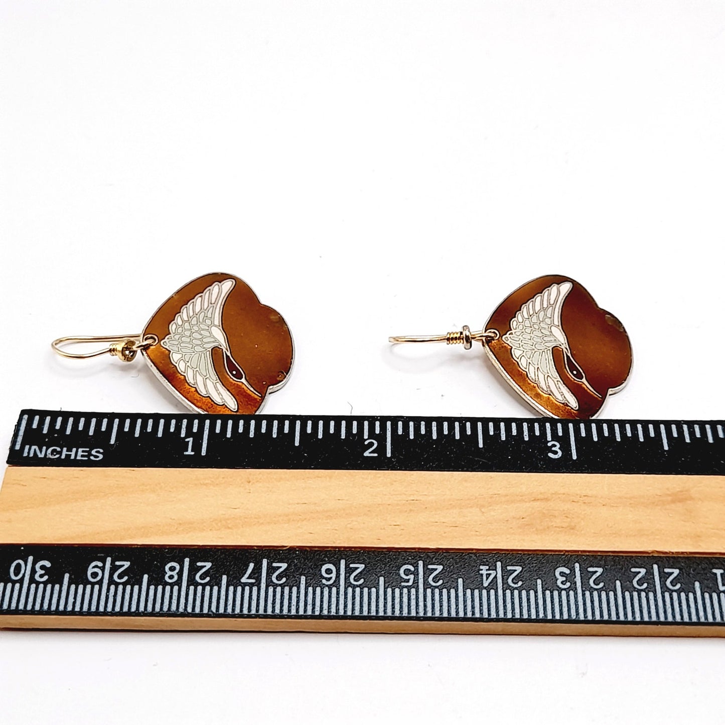 Laurel Burch White Crane Earrings, Vintage Enamel Bird Jewelry, Gold Plated Dangle Earrings, 1980s Artistic Statement Jewelry
