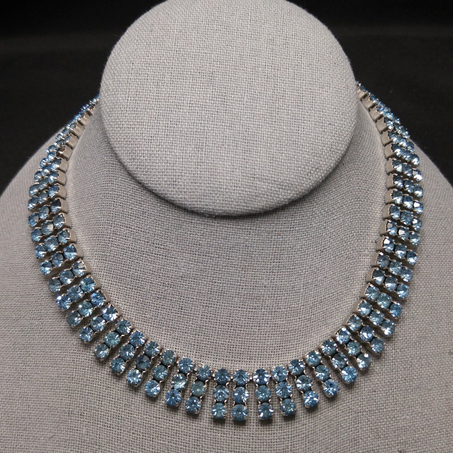 Kramer Blue Rhinestone Necklace, Rhodium Plated, 1960s Vintage Jewelry