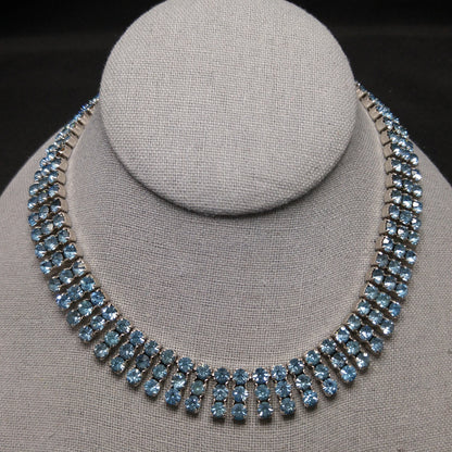 Kramer Blue Rhinestone Necklace, Rhodium Plated, 1960s Vintage Jewelry