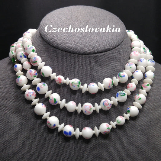 Czech Hand Painted Floral Ceramic Beaded Necklace, 48 Inches, 1930s Vintage Jewelry