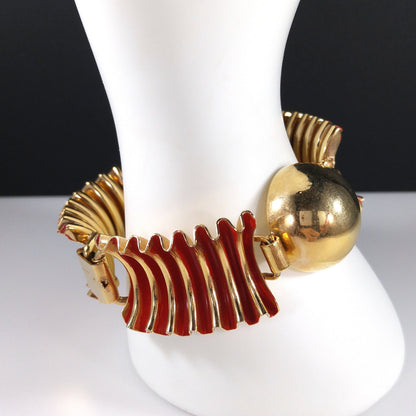 Red Enamel Ribbon Bracelet, Mid Century Modern, Gold Plated, 1950s Vintage Jewelry