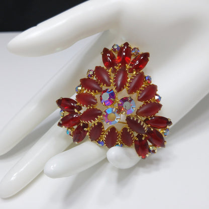 Red Art Glass & Rhinestone Brooch, Gold Plated, Juliana Style, 1960s Vintage Jewelry