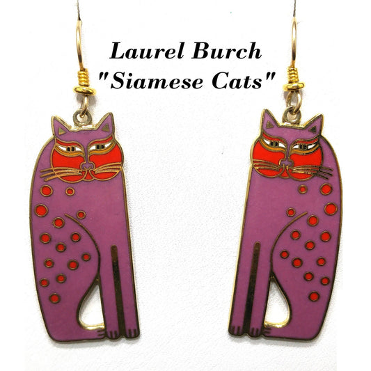 Laurel Burch "Siamese Cats" Long Earrings, Gold Plated, Purple Enamel, 1980s Vintage Jewelry