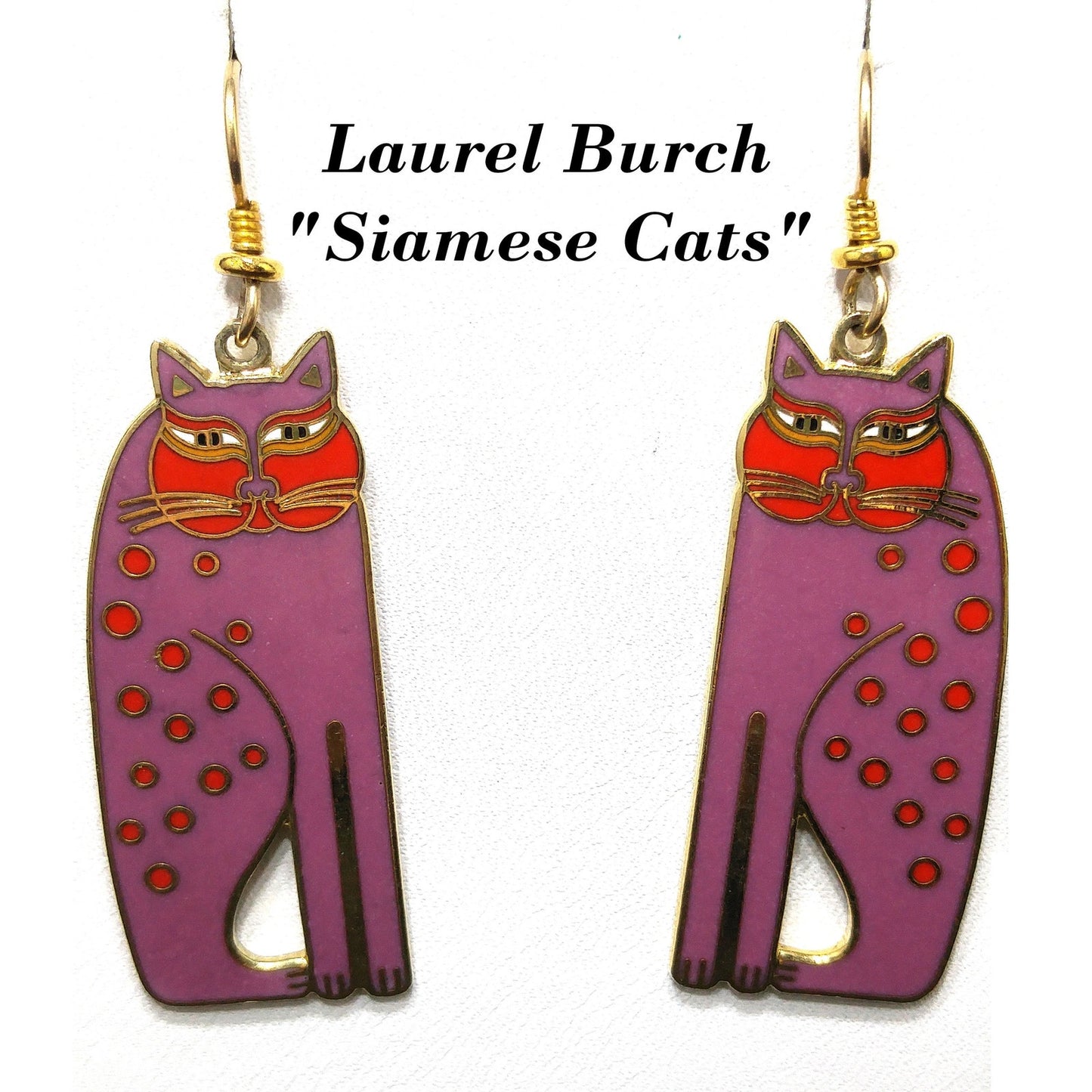 Laurel Burch "Siamese Cats" Long Earrings, Gold Plated, Purple Enamel, 1980s