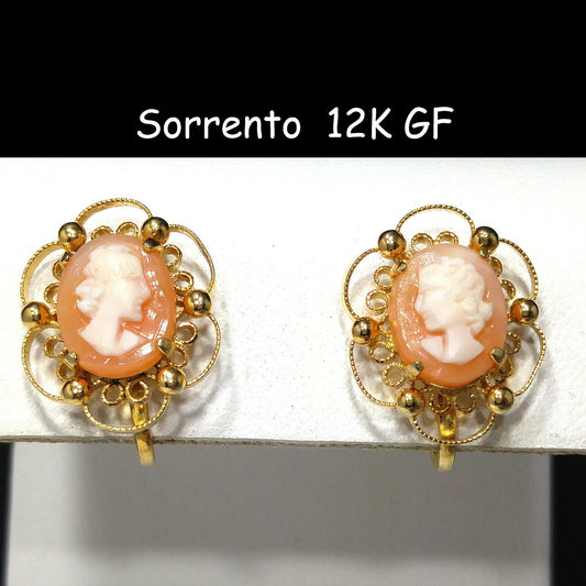 Sorrento Shell Cameo Clip Earrings, 12K Gold Filled, 1950s Vintage Jewelry
