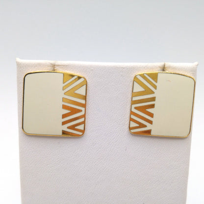Vintage Laurel Burch "Naito" Geometric Post Earrings, Cream Enamel, Gold Plate