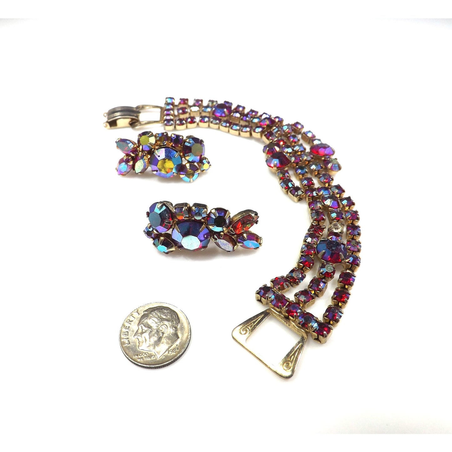 Red Aurora Borealis Bracelet Clip Earrings Set, 1960s Vintage Jewelry