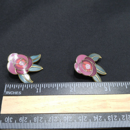 Laurel Burch "Deco Rose" Clip On Earrings, Pink Red Green Enamel, Gold Plated