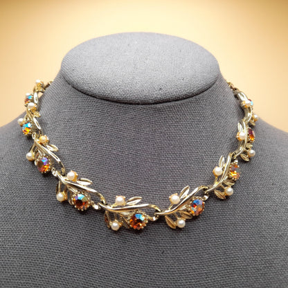 Vintage Light Topaz Rhinestone Choker Necklace, Faux Pearls, 1950s, 15 In