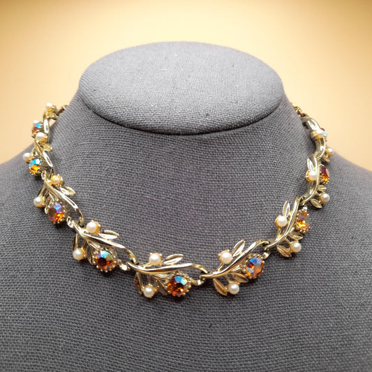 Vintage Light Topaz Rhinestone Choker Necklace, Faux Pearls, 1950s, 15 In