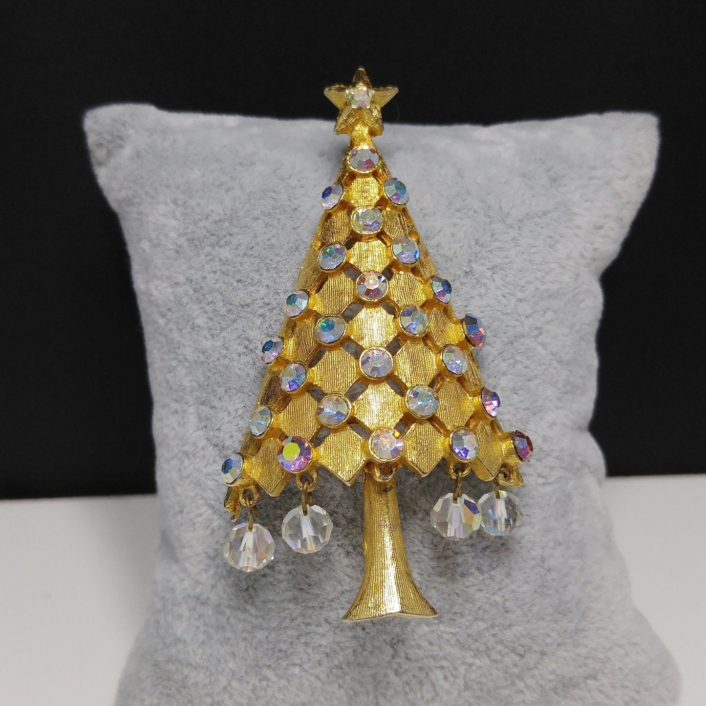 Vintage MYLU Christmas Tree Brooch – AB Rhinestones, Dangling Crystals, 1960s