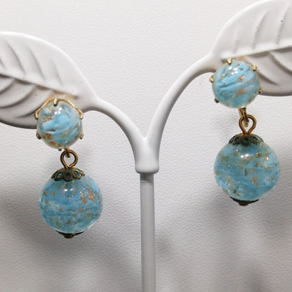 Kramer Turquoise Gold Beaded Necklace & Earrings Set, Gold Glitter Murano Glass