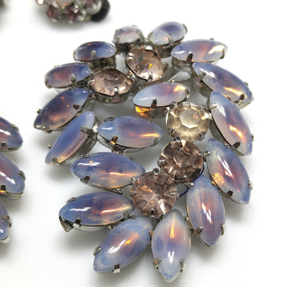 Twin Faux Opal Rhinestone Brooches & Earrings, Rhodium Plated, 1960s Vintage Jewelry