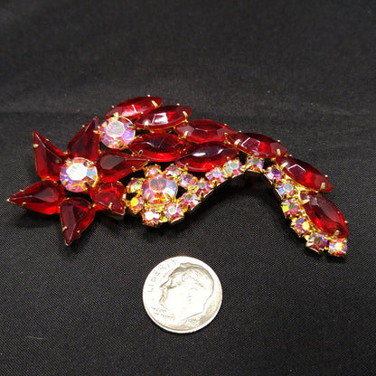 Red Rhinestone Floral Brooch, Juliana Style, 1960s Vintage Jewelry