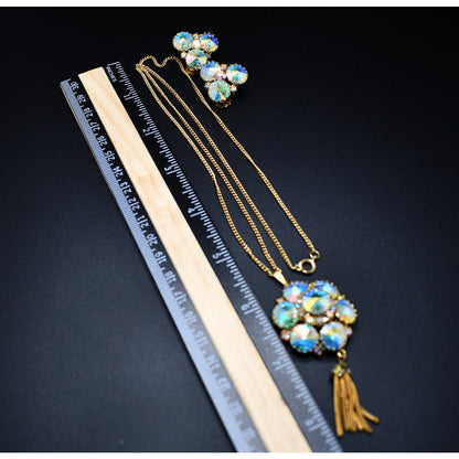 Vintage Rivoli Pendant & Earrings, Aurora Borealis Rhinestones, 1960s Vintage Jewelry