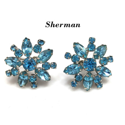 Sherman Turquoise Rhinestone Earrings, Screw-back Rhodium Plated, 1950s Vintage Jewelry