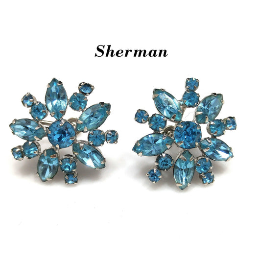 Sherman Turquoise Rhinestone Earrings, Screw-back Rhodium Plated, 1950s Vintage Jewelry