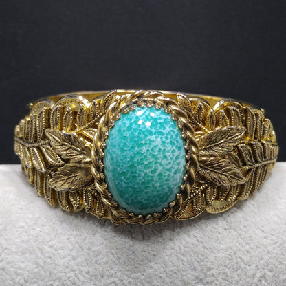 Whiting & Davis Gold Tone Cuff Bracelet Peking Glass Cabochon Leaves Vintage