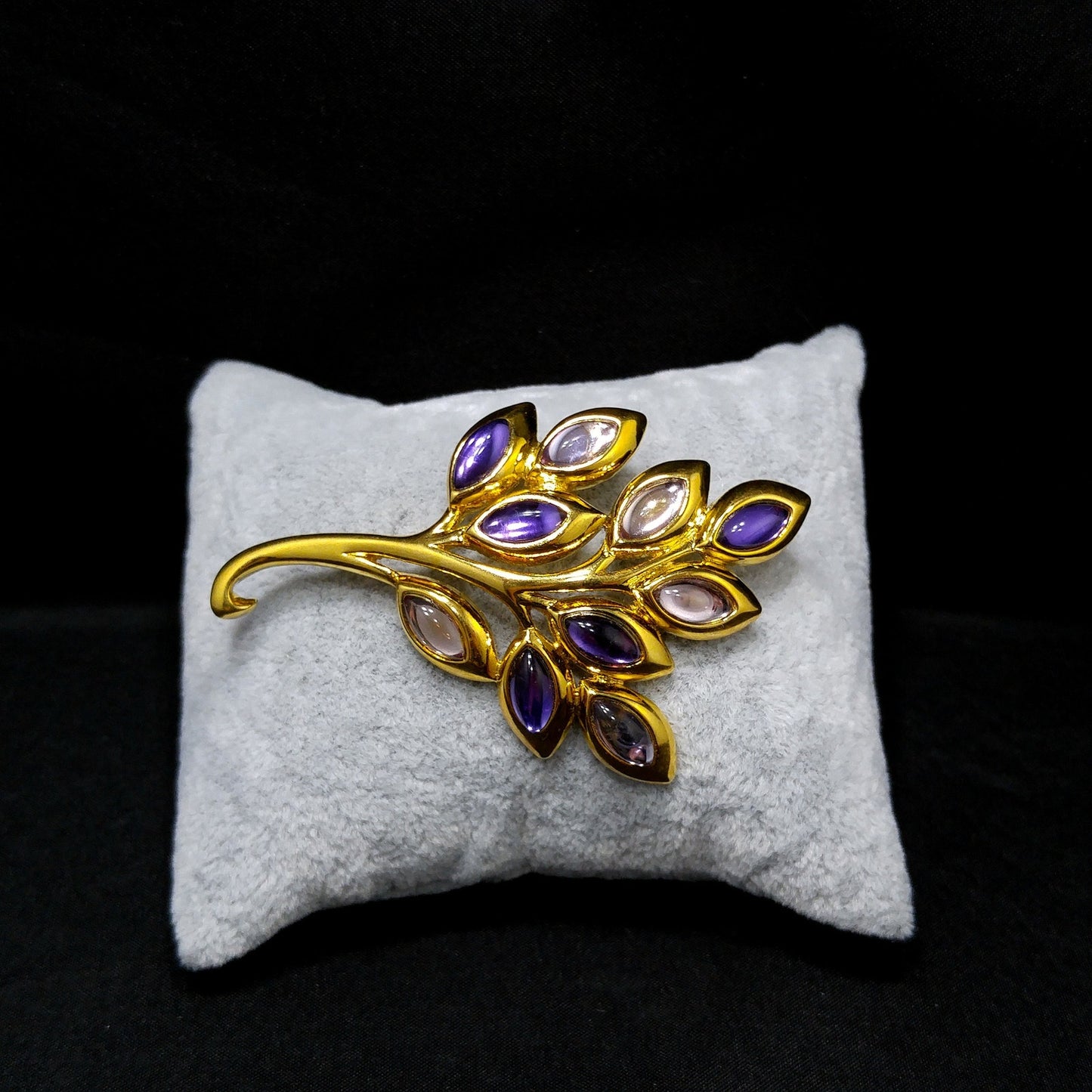 Trifari TM Purple Cabochon Gold Plated Brooch, Spray of Leaves Pin, 1980s Vintage Jewelry