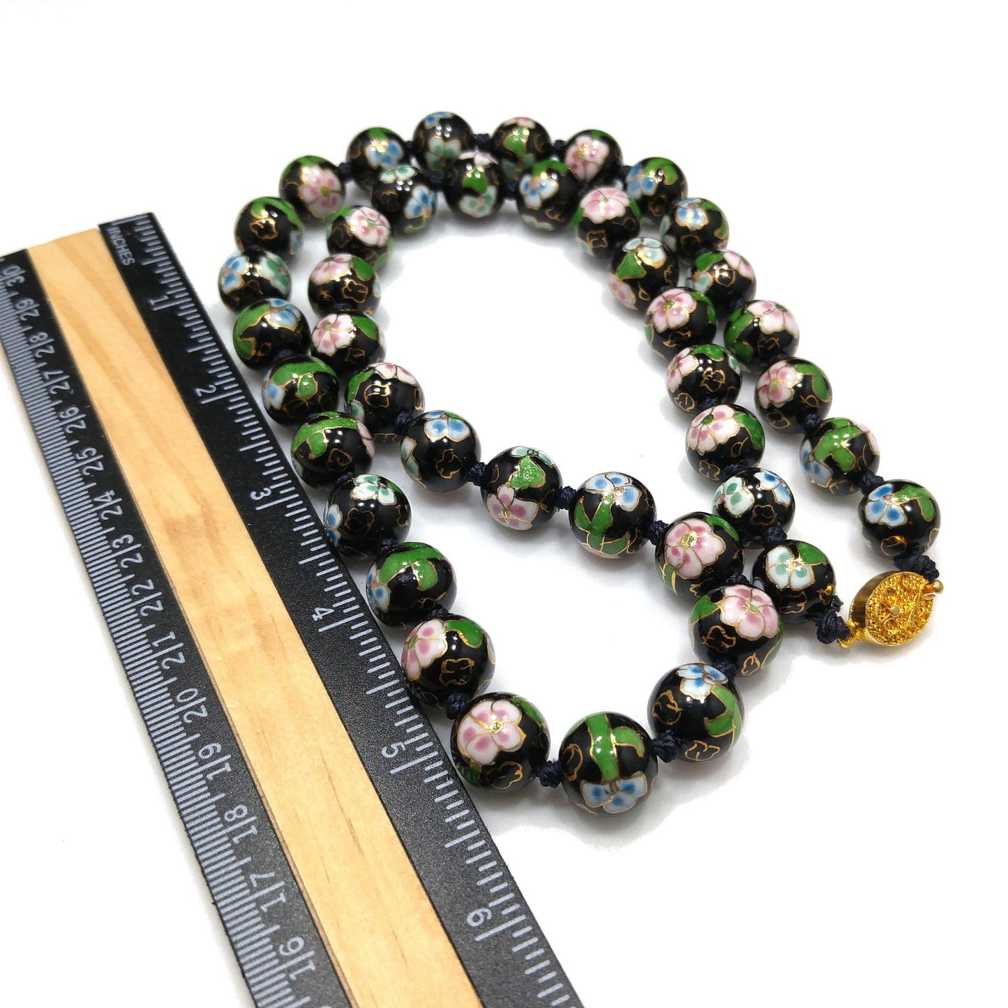 Vintage Black Cloisonné Floral Beaded Necklace, Pink Green Flowers, 1960s Vintage Jewelry