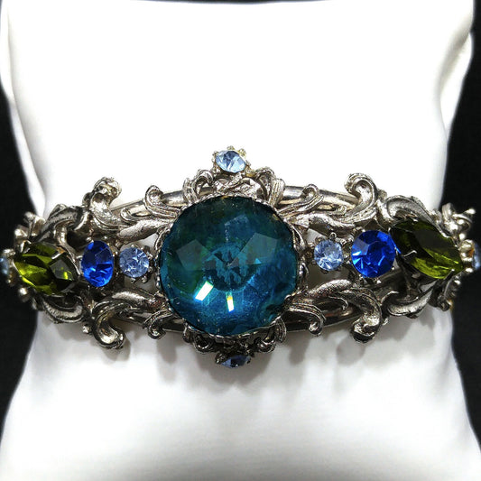Teal Rivoli Rhinestone Hinged Bracelet, Safety Chain, Rhodium Plated, 1960s Vintage Jewelry