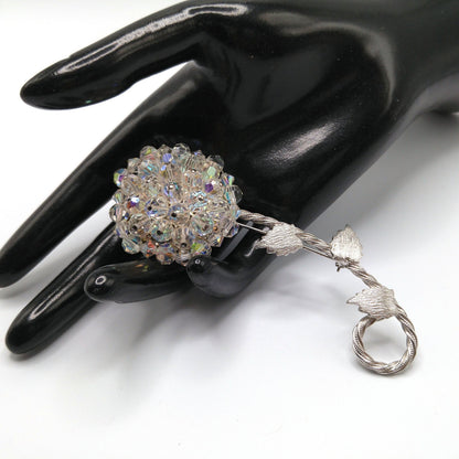 Vintage Austrian Crystal Flower Brooch, Aurora Borealis, Rhodium Plated Stem Leaves, 1960s Vintage Jewelry