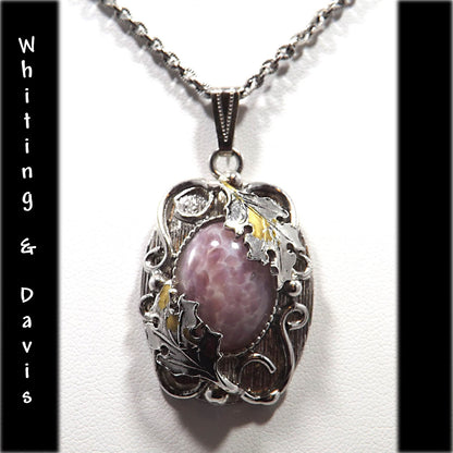 Vintage Whiting & Davis Pendant Necklace Easter Egg Glass Cabochon Silver Tone Floral Frame Vintage Jewelry