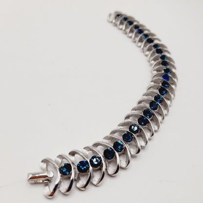 Vintage Crown Trifari Blue Rhinestone Bracelet – Rhodium Plated – 6.75 Inches