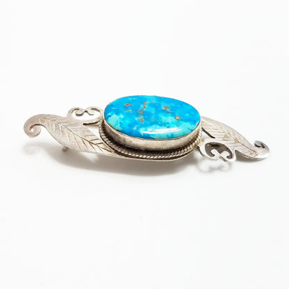 Sterling Silver Turquoise Gemstone Brooch, Bevel Set Stone, Artisan 1960s