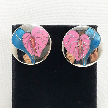 Vintage Laurel Burch "Antherium" Earrings Post Enamel Pink 1980s Vintage Jewelry