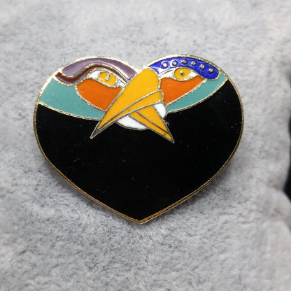 Laurel Burch Two Bird Heart Brooch, Gold Plated Cloisonne, 1980s Vintage Jewelry