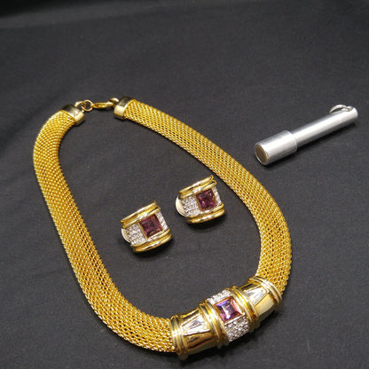 Purple Clear Rhinestone Necklace & Earrings, Gold Plated, 1980s Vintage Jewelry