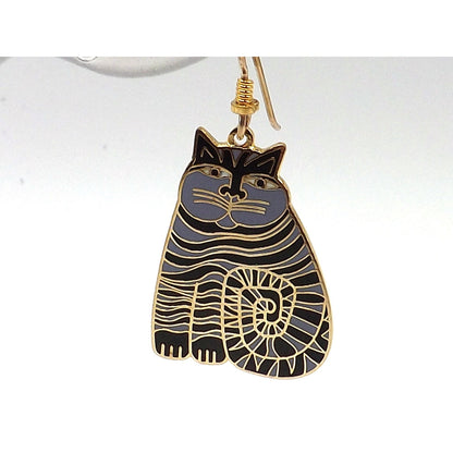 Laurel Burch Shambala Cat Earrings, Black Lavender Enamel, Gold Plated, 1980s Vintage Jewelry