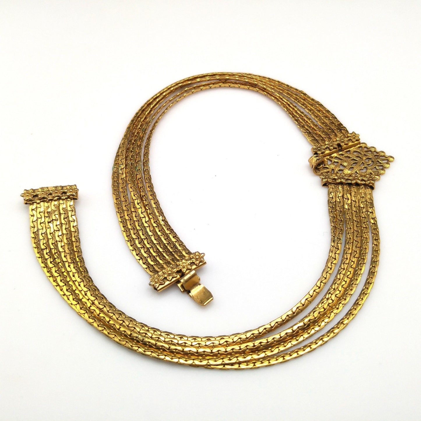 Freirich Victorian Choker Necklace, Gold Plated, Six Strands, 1960s Vintage Jewelry