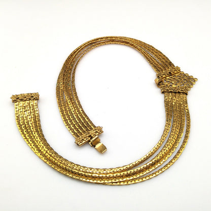 Freirich Victorian Choker Necklace, Gold Plated, Six Strands, 1960s Vintage Jewelry