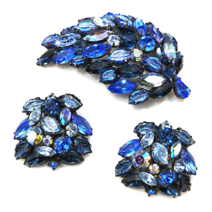 Regency Blue Rhinestones Brooch & Earrings Set, Art Glass Leaves, 1950s Vintage Jewelry