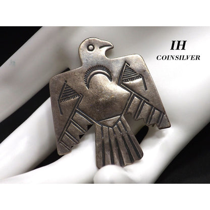 Thunderbird IH Coin Silver Brooch, Indian Handcrafts Shop Trademark, Vintage Jewelry Pin