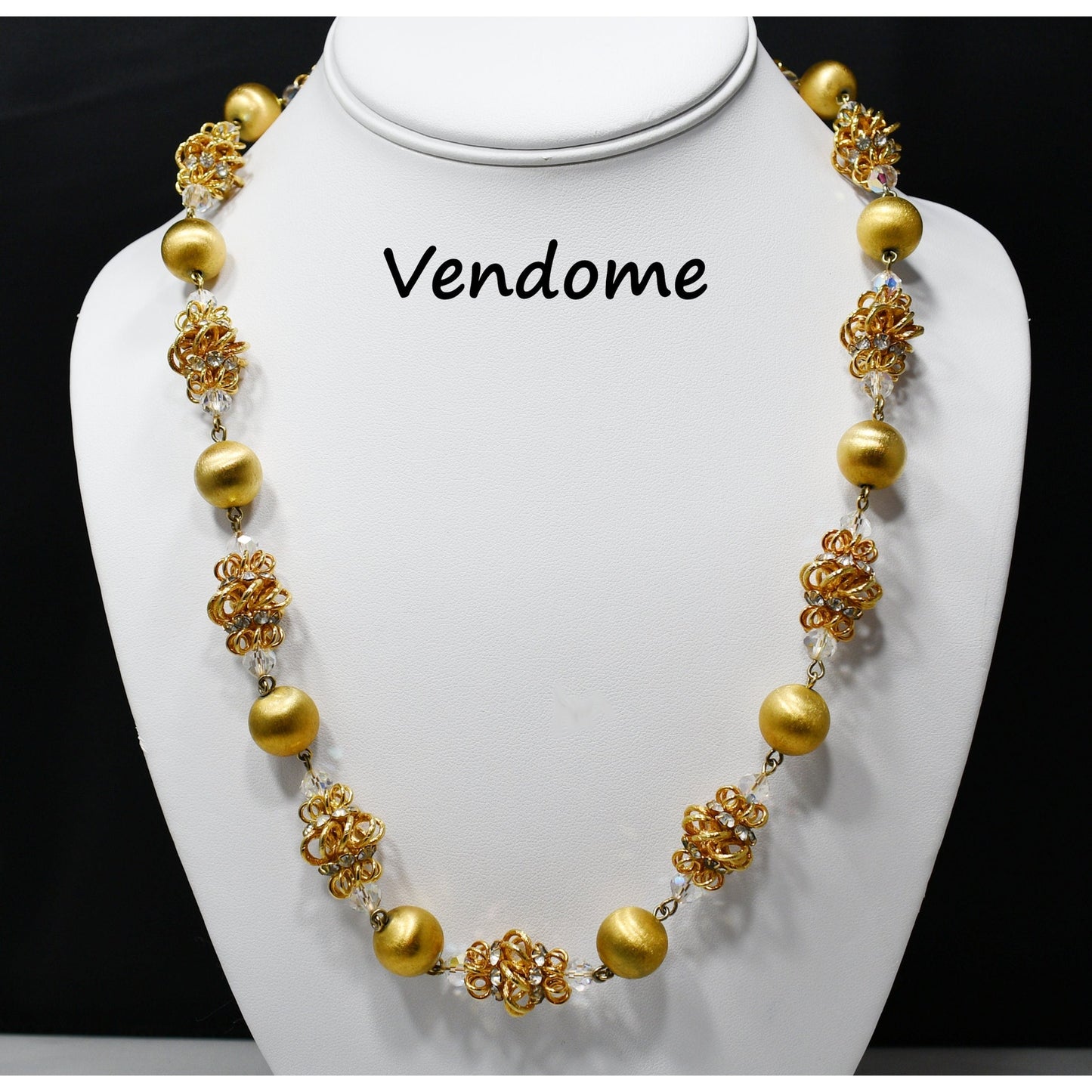 Vendome 1950s Gold Satin & Crystal Cage Bead Necklace | Aurora Borealis & Rhinestone Statement Strand | Vintage Designer Jewelry