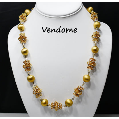 Vendome 1950s Gold Satin & Crystal Cage Bead Necklace | Aurora Borealis & Rhinestone Statement Strand | Vintage Designer Jewelry