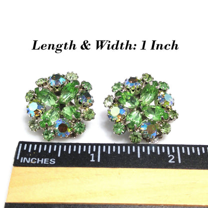 Weiss Peridot Green Rhinestone Clip Earrings, Rhodium Plated, 1960s Vintage Jewelry