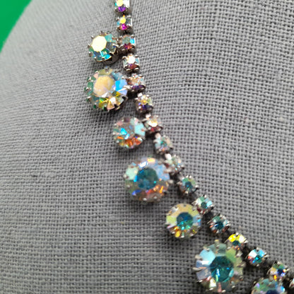 Aurora Borealis Rhinestone Choker Necklace, Rhodium Plated, 1960s Vintage Jewelry
