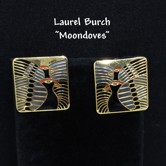 Laurel Burch "Moondoves" Post Earrings, Black Birds, Gold Plated, 1980s
