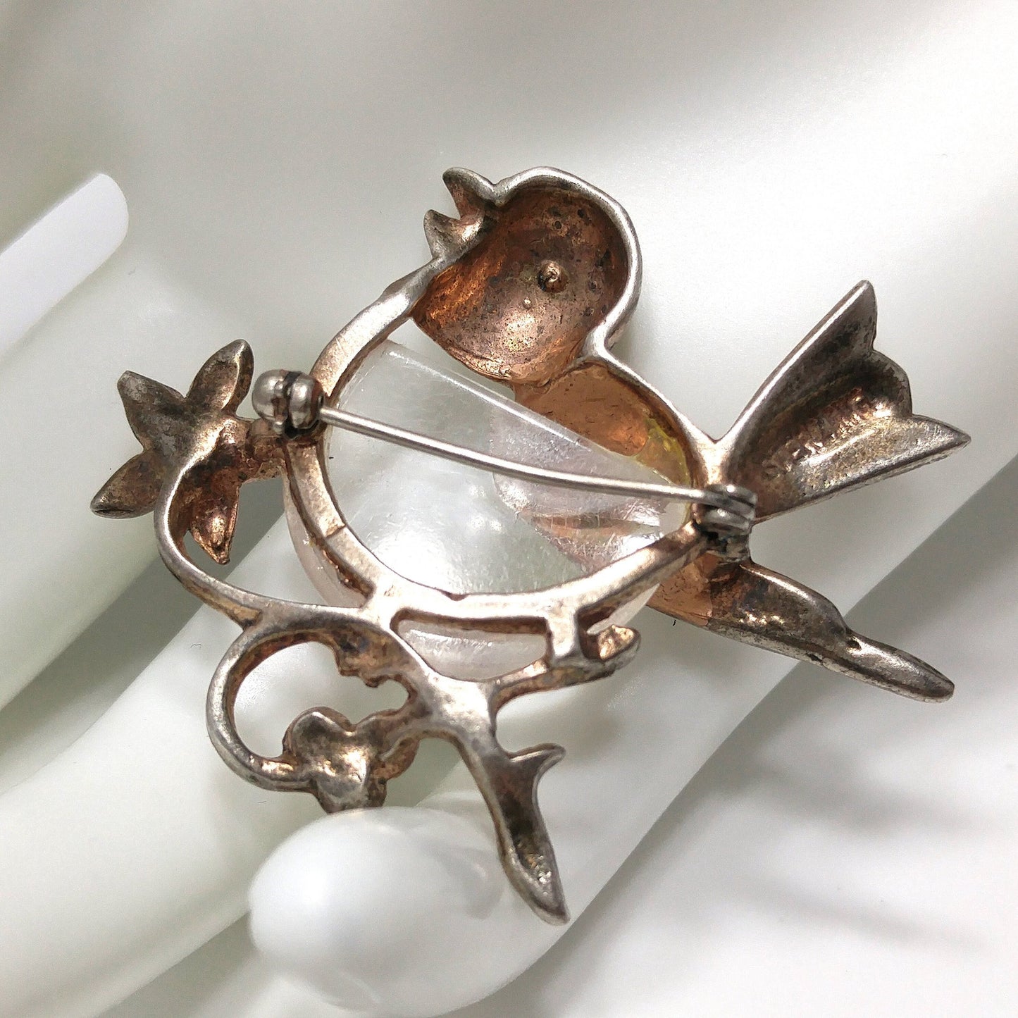 Sterling Silver Clear Lucite Bird Brooch, Jelly Belly Pin, 1940s Vintage Jewelry