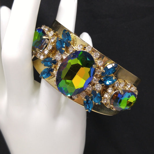 Brass Cuff Bracelet, Watermelon Crystal Rhinestones, Golden Brass, Clear & Sapphire Blue Rhinestones, Vintage Jewelry